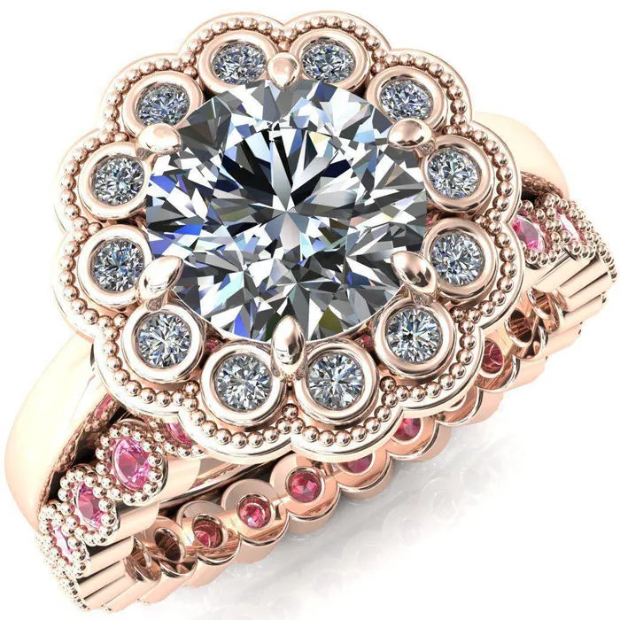 Fire Brilliance Rings Zinnia Round Center Stone 6 Prongs Milgrain Halo Accent Diamonds Pink Sapphire Ring