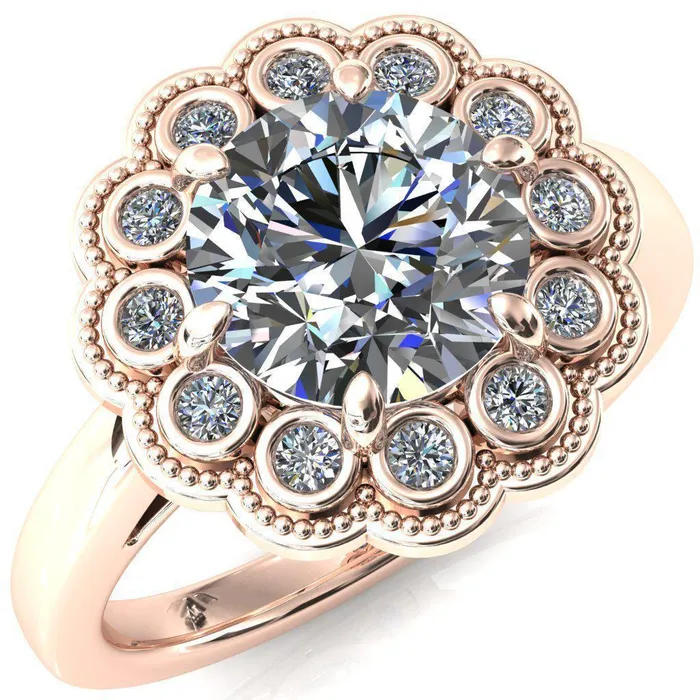 Fire Brilliance Rings Zinnia Round Center Stone 6 Prongs Milgrain Halo Accent Diamonds Pink Sapphire Ring