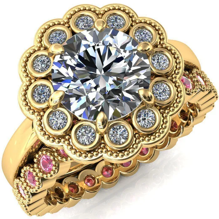 Fire Brilliance Rings Zinnia Round Center Stone 6 Prongs Milgrain Halo Accent Diamonds Pink Sapphire Ring