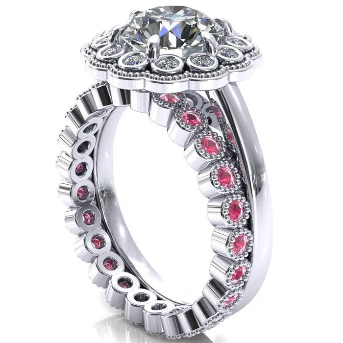 Fire Brilliance Rings Zinnia Round Center Stone 6 Prongs Milgrain Halo Accent Diamonds Pink Sapphire Ring