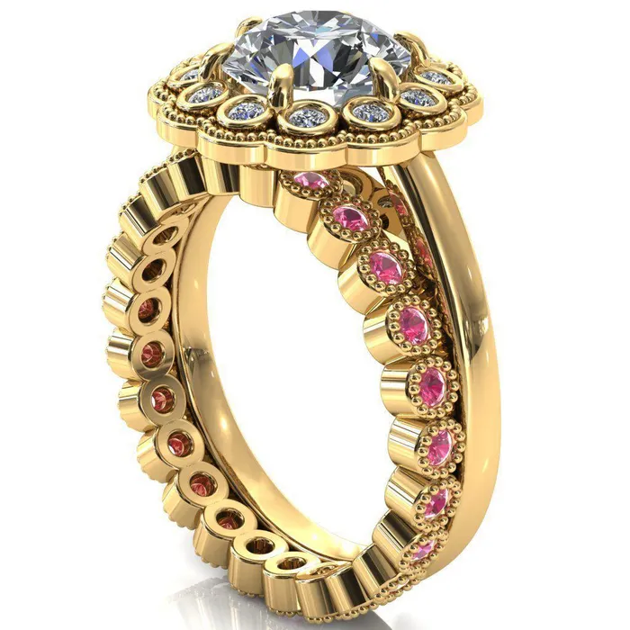 Fire Brilliance Rings Zinnia Round Center Stone 6 Prongs Milgrain Halo Accent Diamonds Pink Sapphire Ring
