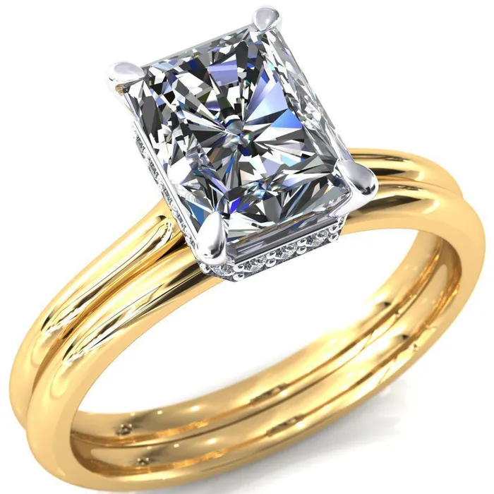 Fire Brilliance Secret Radiant Center Stone 4 Prong Floating Halo Engagement Ring Rings