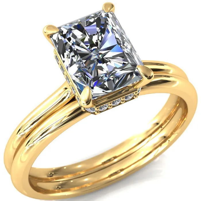 Fire Brilliance Secret Radiant Center Stone 4 Prong Floating Halo Engagement Ring Rings