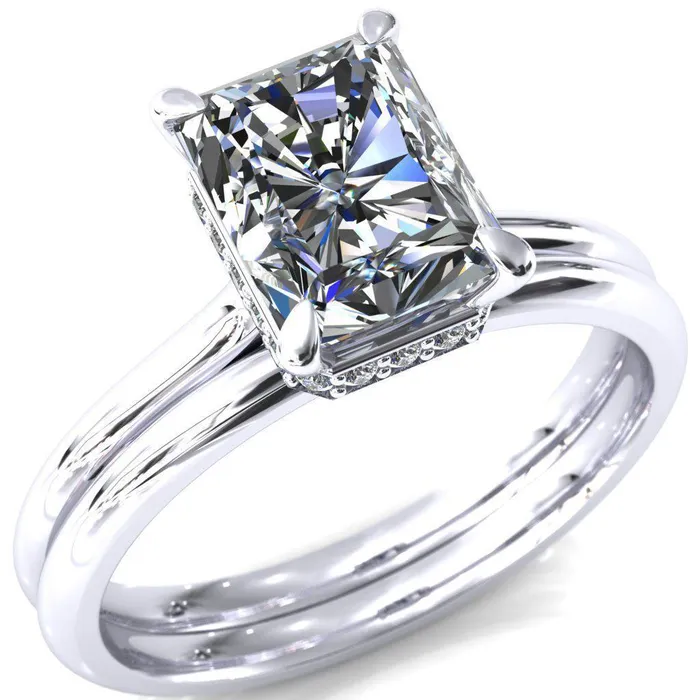 Fire Brilliance Secret Radiant Center Stone 4 Prong Floating Halo Engagement Ring Rings