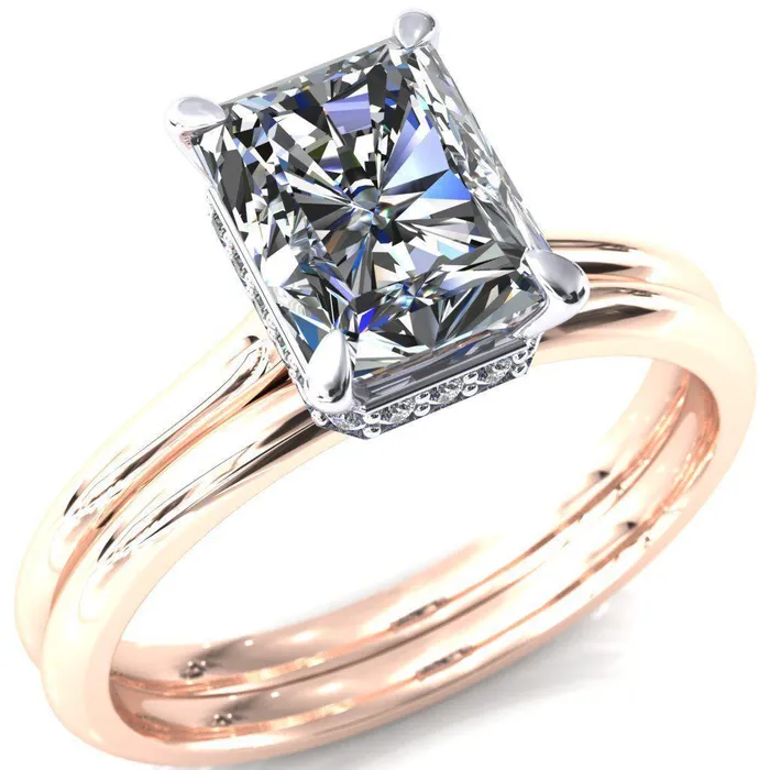 Fire Brilliance Secret Radiant Center Stone 4 Prong Floating Halo Engagement Ring Rings