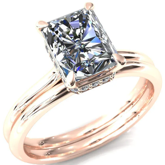 Fire Brilliance Secret Radiant Center Stone 4 Prong Floating Halo Engagement Ring Rings