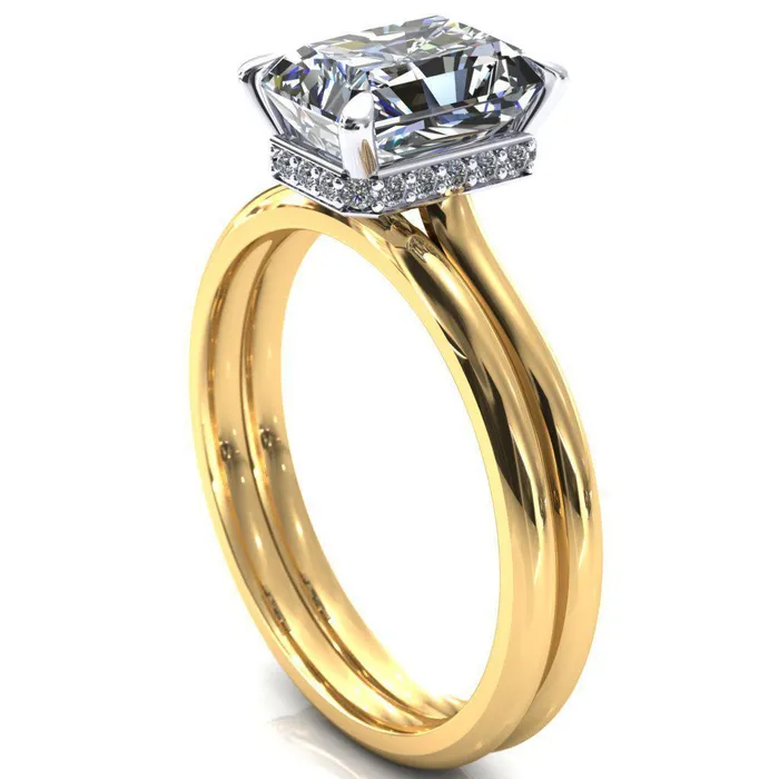 Fire Brilliance Secret Radiant Center Stone 4 Prong Floating Halo Engagement Ring Rings