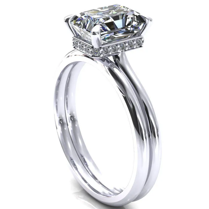 Fire Brilliance Secret Radiant Center Stone 4 Prong Floating Halo Engagement Ring Rings