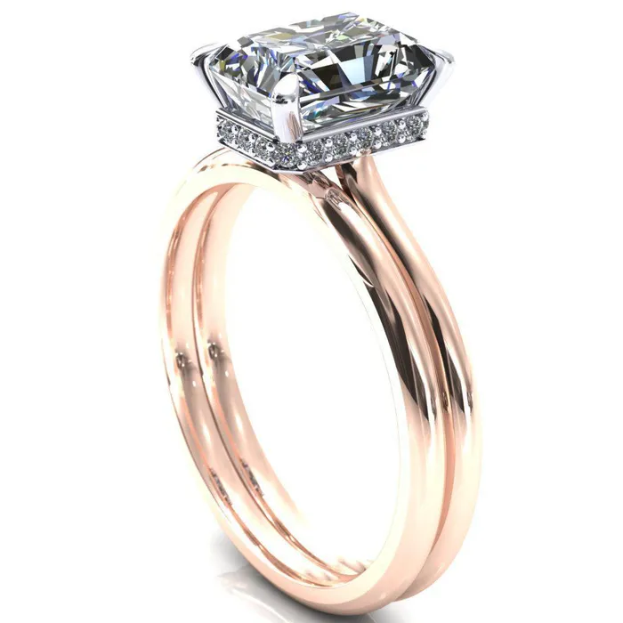 Fire Brilliance Secret Radiant Center Stone 4 Prong Floating Halo Engagement Ring Rings