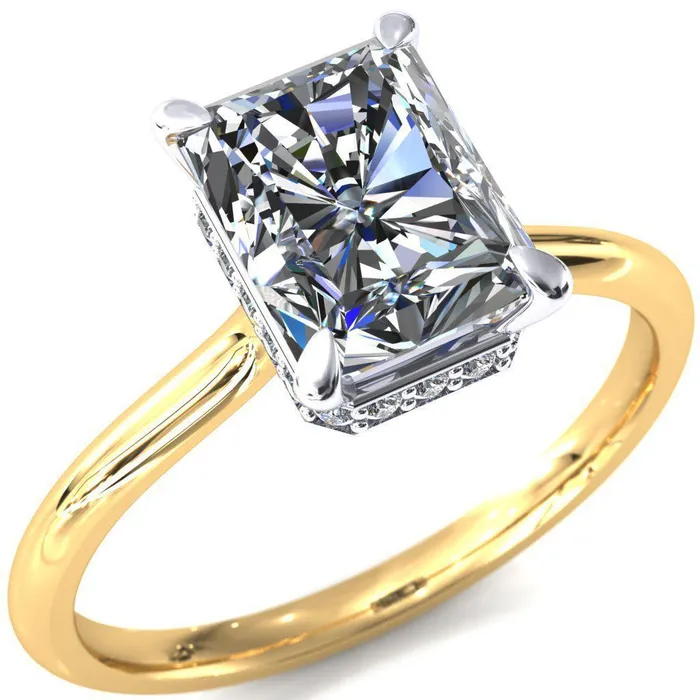 Fire Brilliance Secret Radiant Center Stone 4 Prong Floating Halo Engagement Ring Rings