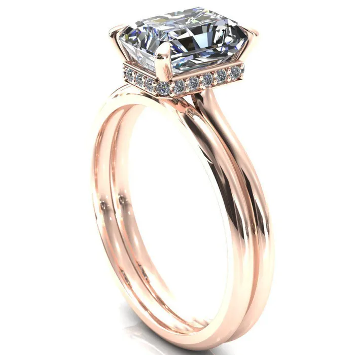 Fire Brilliance Secret Radiant Center Stone 4 Prong Floating Halo Engagement Ring Rings