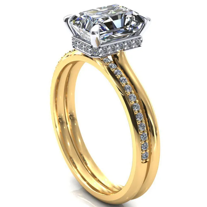 Fire Brilliance Secret Radiant Center Stone 4 Prong Floating Halo Engagement Ring Rings