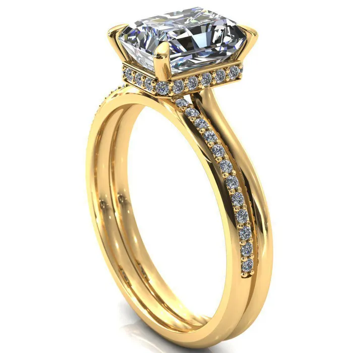 Fire Brilliance Secret Radiant Center Stone 4 Prong Floating Halo Engagement Ring Rings
