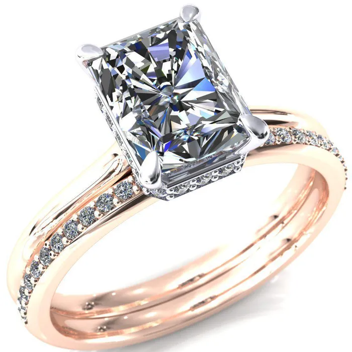 Fire Brilliance Secret Radiant Center Stone 4 Prong Floating Halo Engagement Ring Rings