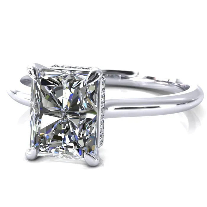 Fire Brilliance Secret Radiant Center Stone 4 Prong Floating Halo Engagement Ring Rings