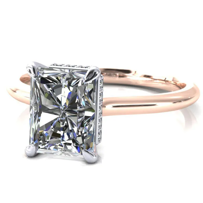 Fire Brilliance Secret Radiant Center Stone 4 Prong Floating Halo Engagement Ring Rings