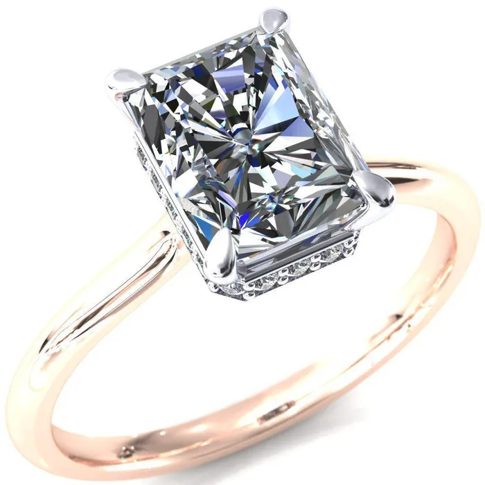 Fire Brilliance Secret Radiant Center Stone 4 Prong Floating Halo Engagement Ring Rings