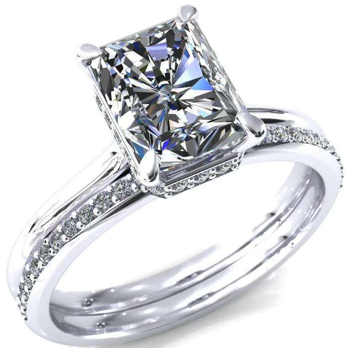 Fire Brilliance Secret Radiant Center Stone 4 Prong Floating Halo Engagement Ring Rings