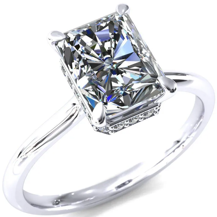 Fire Brilliance Secret Radiant Center Stone 4 Prong Floating Halo Engagement Ring Rings