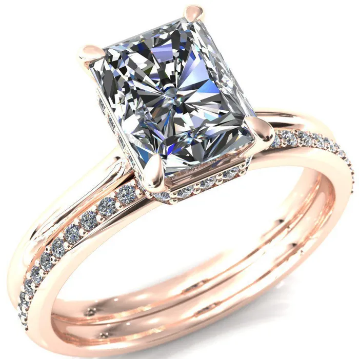 Fire Brilliance Secret Radiant Center Stone 4 Prong Floating Halo Engagement Ring Rings