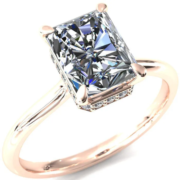 Fire Brilliance Secret Radiant Center Stone 4 Prong Floating Halo Engagement Ring Rings