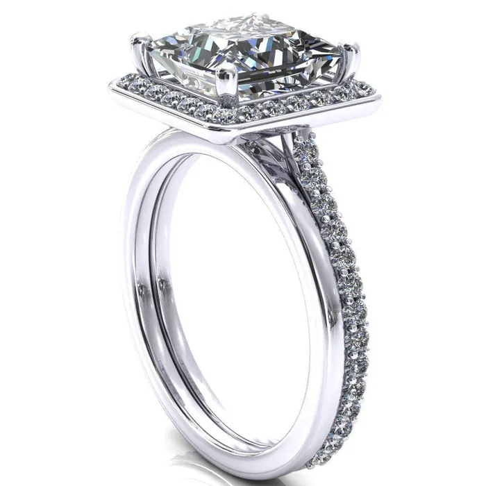 Fire Brilliance Valma PrincessSquare Moissanite Floating Diamond Halo and Sides Ring Rings