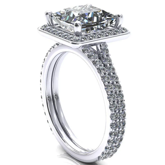 Fire Brilliance Valma PrincessSquare Moissanite Floating Diamond Halo and Sides Ring Rings