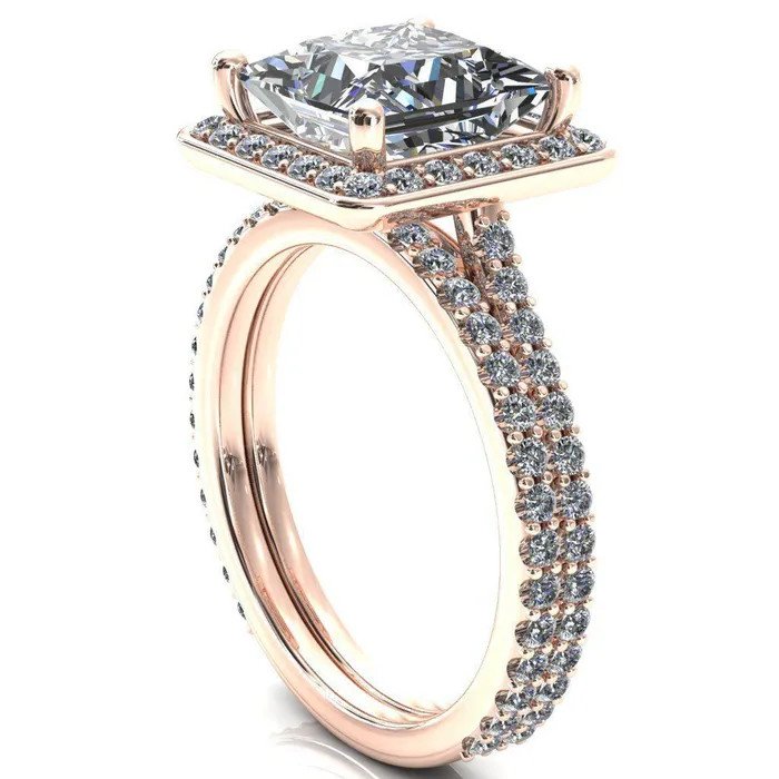 Fire Brilliance Valma PrincessSquare Moissanite Floating Diamond Halo and Sides Ring Rings