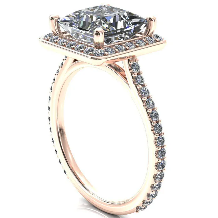 Fire Brilliance Valma PrincessSquare Moissanite Floating Diamond Halo and Sides Ring Rings