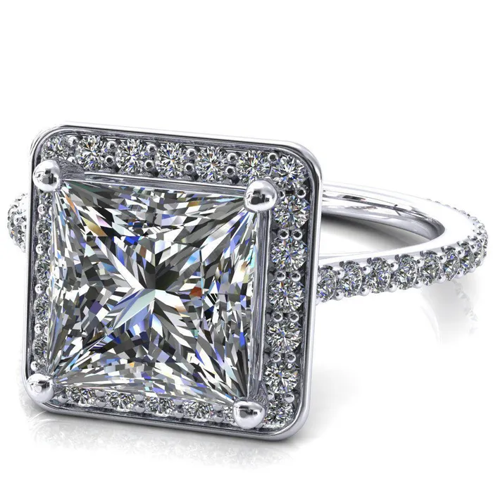Fire Brilliance Valma PrincessSquare Moissanite Floating Diamond Halo and Sides Ring Rings