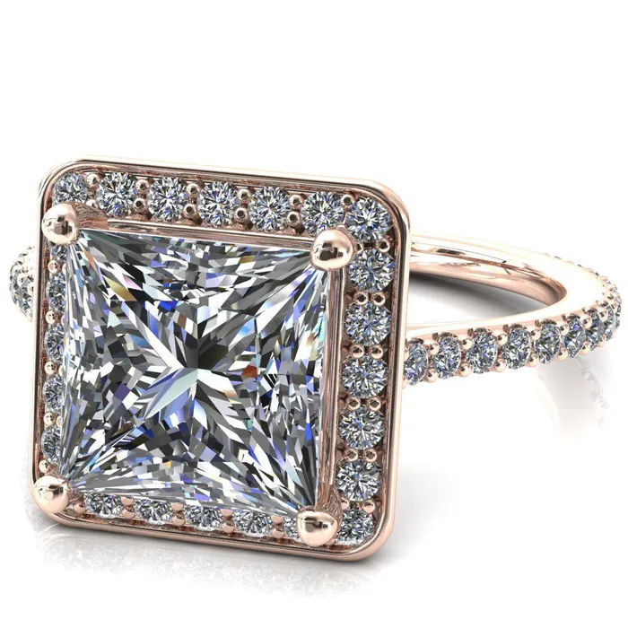 Fire Brilliance Valma PrincessSquare Moissanite Floating Diamond Halo and Sides Ring Rings