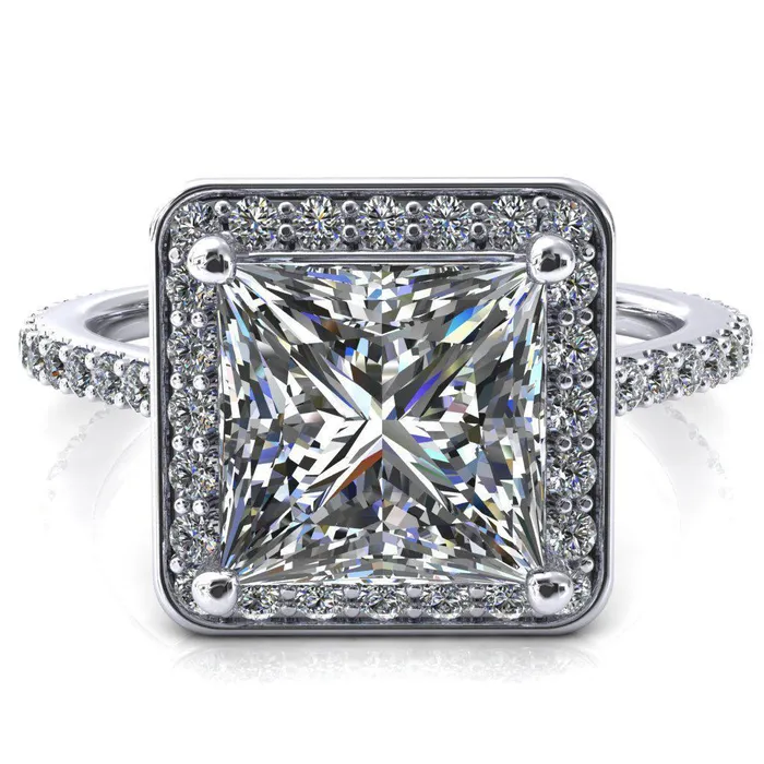 Fire Brilliance Valma PrincessSquare Moissanite Floating Diamond Halo and Sides Ring Rings