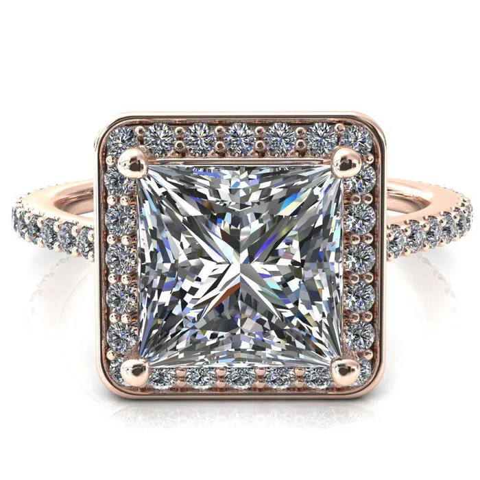 Fire Brilliance Valma PrincessSquare Moissanite Floating Diamond Halo and Sides Ring Rings