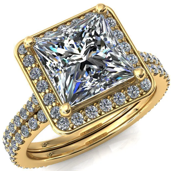 Fire Brilliance Valma PrincessSquare Moissanite Floating Diamond Halo and Sides Ring Rings