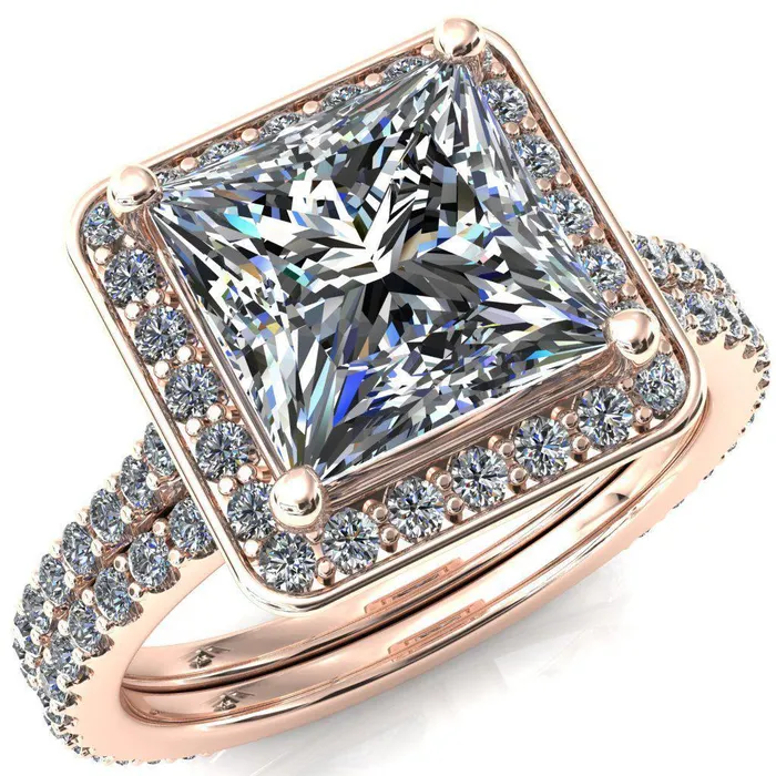 Fire Brilliance Valma PrincessSquare Moissanite Floating Diamond Halo and Sides Ring Rings