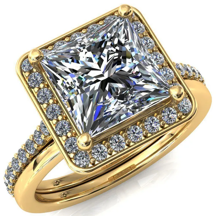 Fire Brilliance Valma PrincessSquare Moissanite Floating Diamond Halo and Sides Ring Rings