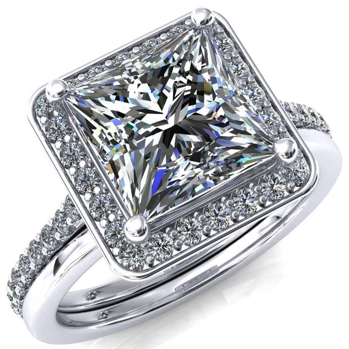 Fire Brilliance Valma PrincessSquare Moissanite Floating Diamond Halo and Sides Ring Rings