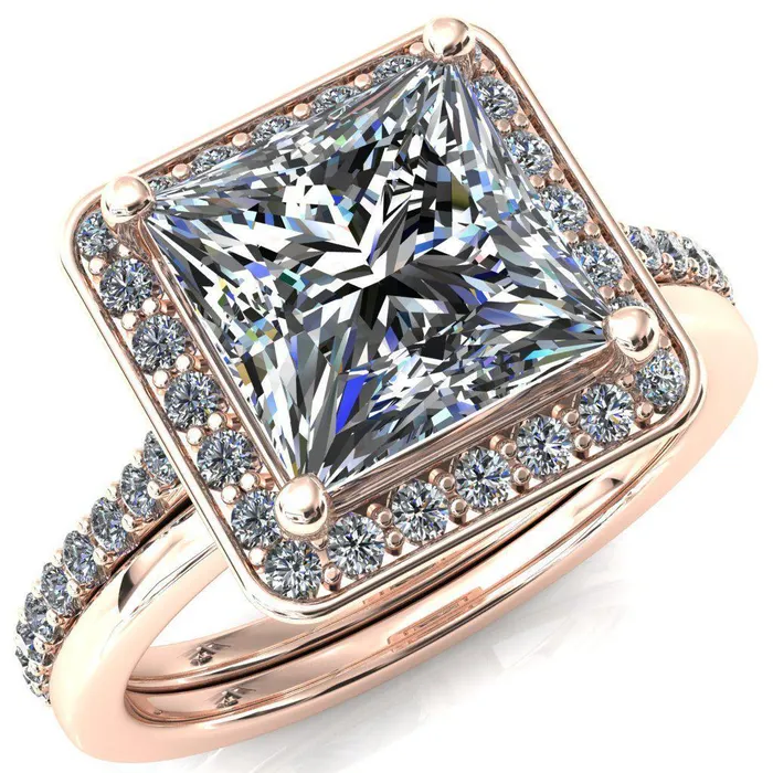 Fire Brilliance Valma PrincessSquare Moissanite Floating Diamond Halo and Sides Ring Rings