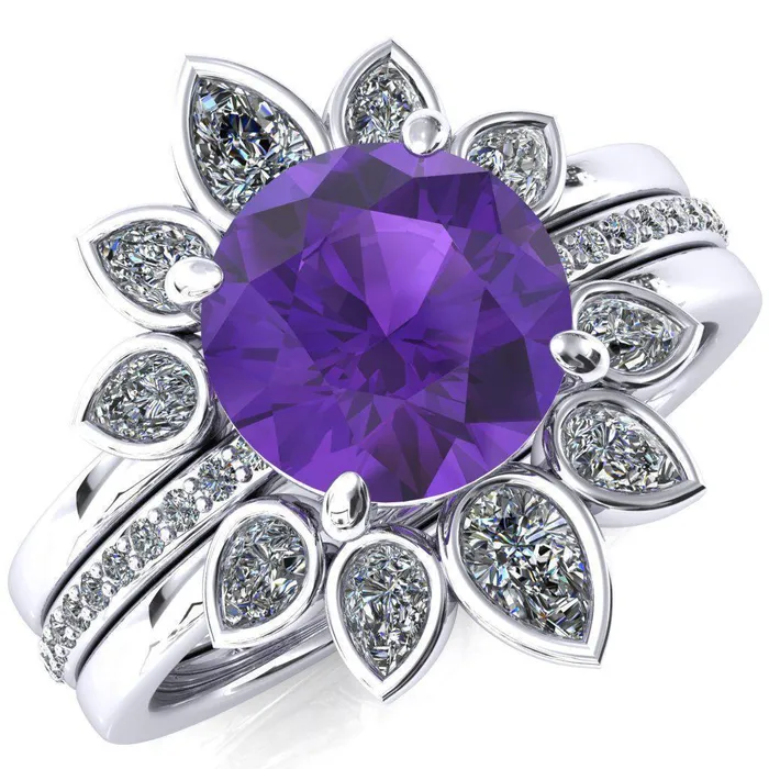 Flora Round Amethyst 12 Eternity Accent Diamond Ring Fire Brilliance Rings Flora Round Amethyst 12 Eternity Accent Diamond Ring Fire Brilliance Rings