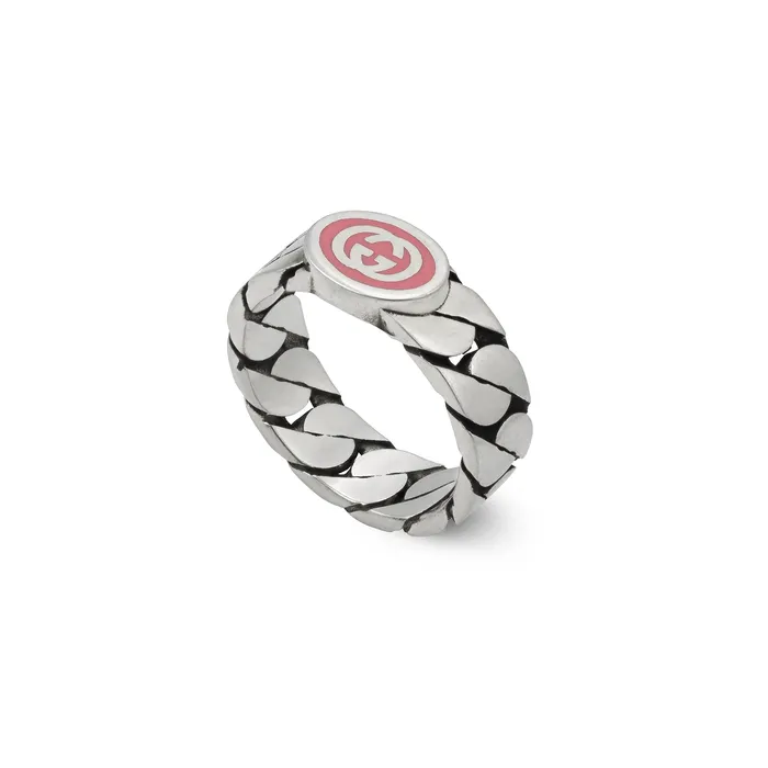 Gucci Interlocking Sterling Silver Pink Enamel 5mm Ring GUCCI Rings