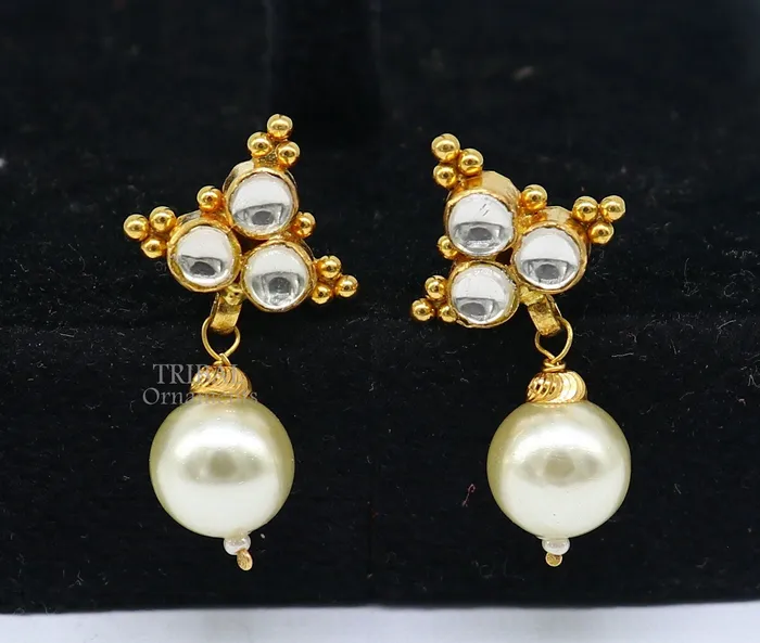 Indian traditional design handmade kundan work fabulous design 22 k 22 carat yellow gold stud earring with hanging pearl girls jewelry er168 TRIBAL ORNAMENTS Earrings Indian traditional design handmade kundan work fabulous design 22 k 22 carat yellow gold stud earring with hanging pearl girls jewelry er168 TRIBAL ORNAMENTS Earrings