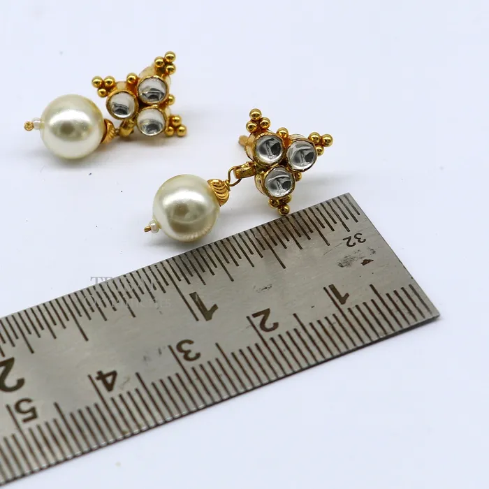 Indian traditional design handmade kundan work fabulous design 22 k 22 carat yellow gold stud earring with hanging pearl girls jewelry er168 TRIBAL ORNAMENTS Earrings