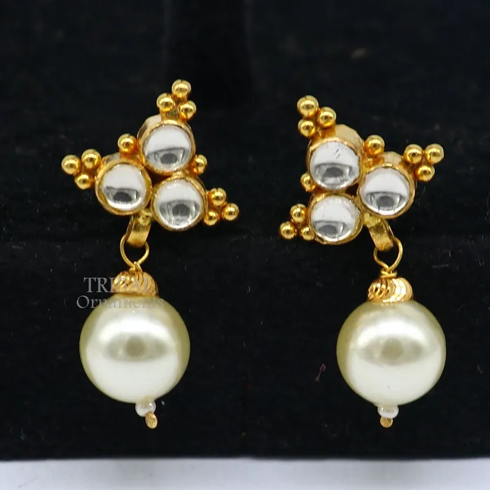 Indian traditional design handmade kundan work fabulous design 22 k 22 carat yellow gold stud earring with hanging pearl girls jewelry er168 TRIBAL ORNAMENTS Earrings