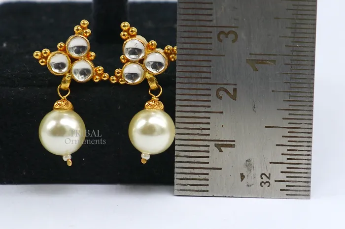 Indian traditional design handmade kundan work fabulous design 22 k 22 carat yellow gold stud earring with hanging pearl girls jewelry er168 TRIBAL ORNAMENTS Earrings