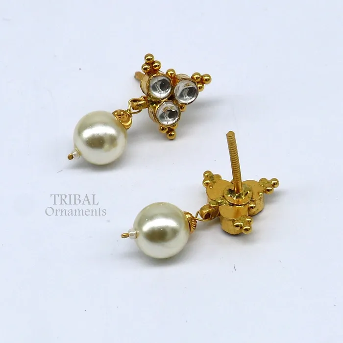 Indian traditional design handmade kundan work fabulous design 22 k 22 carat yellow gold stud earring with hanging pearl girls jewelry er168 TRIBAL ORNAMENTS Earrings
