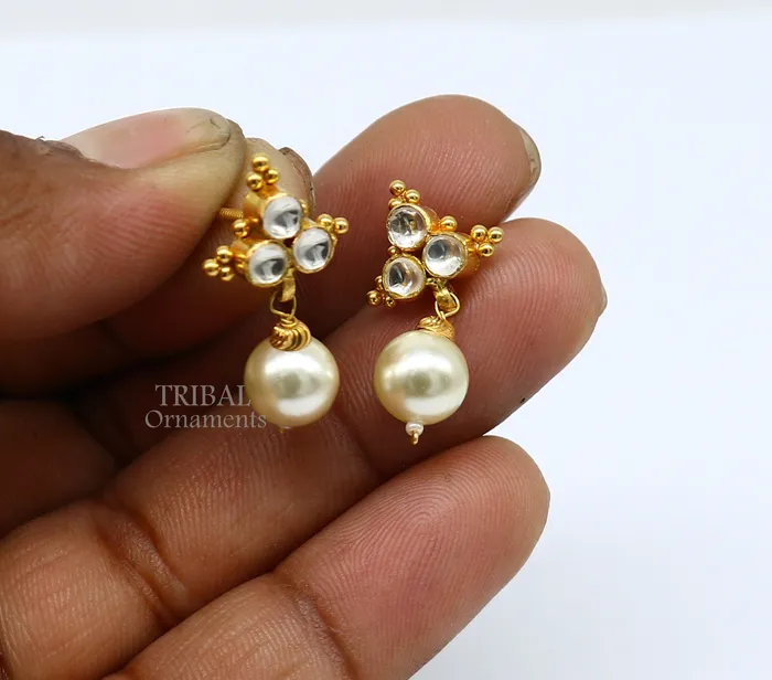 Indian traditional design handmade kundan work fabulous design 22 k 22 carat yellow gold stud earring with hanging pearl girls jewelry er168 TRIBAL ORNAMENTS Earrings