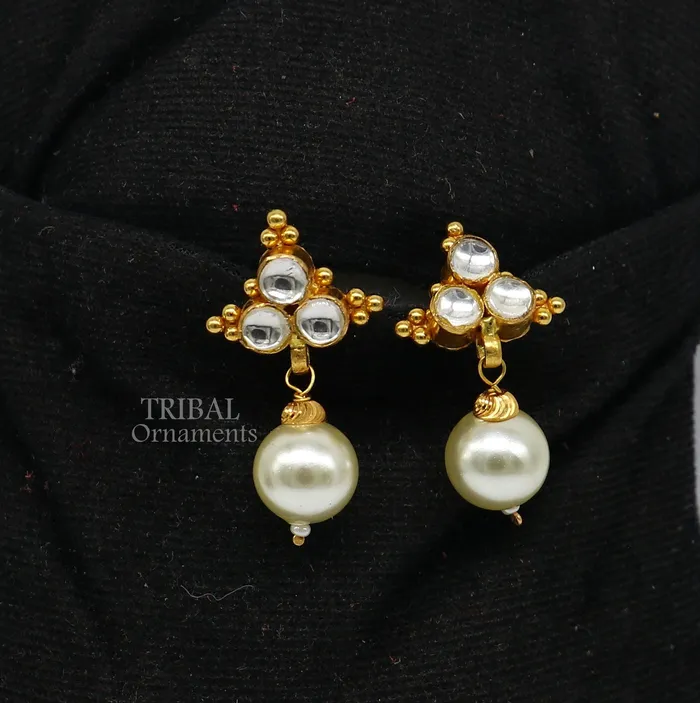 Indian traditional design handmade kundan work fabulous design 22 k 22 carat yellow gold stud earring with hanging pearl girls jewelry er168 TRIBAL ORNAMENTS Earrings