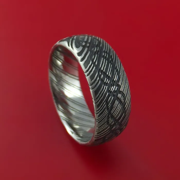 Kuro Damascus Steel Ring with Infinity Etched Celtic Design Inlay Custom Made Band Lashbrook Rings Kuro Damascus Steel Ring with Infinity Etched Celtic Design Inlay Custom Made Band Lashbrook Rings