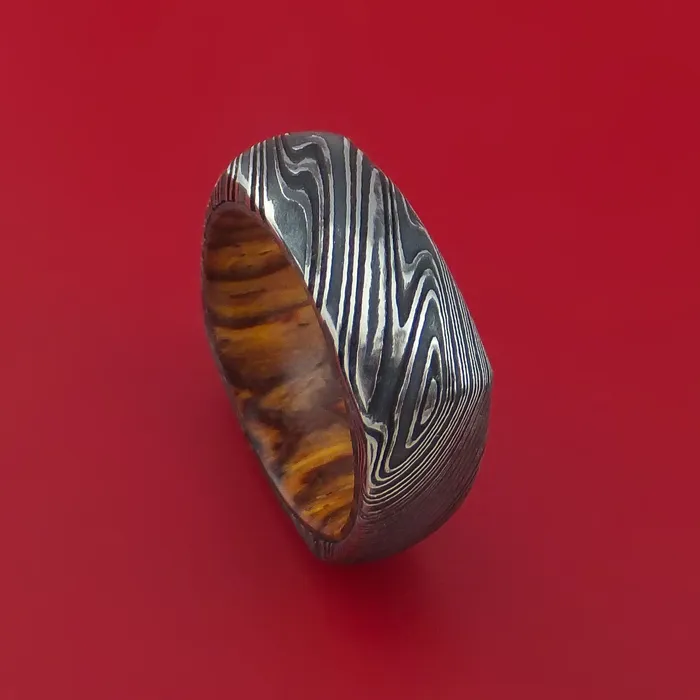 Kuro Damascus Steel Ring with Interior Hardwood Sleeve Custom Made Band Lashbrook Rings Kuro Damascus Steel Ring with Interior Hardwood Sleeve Custom Made Band Lashbrook Rings