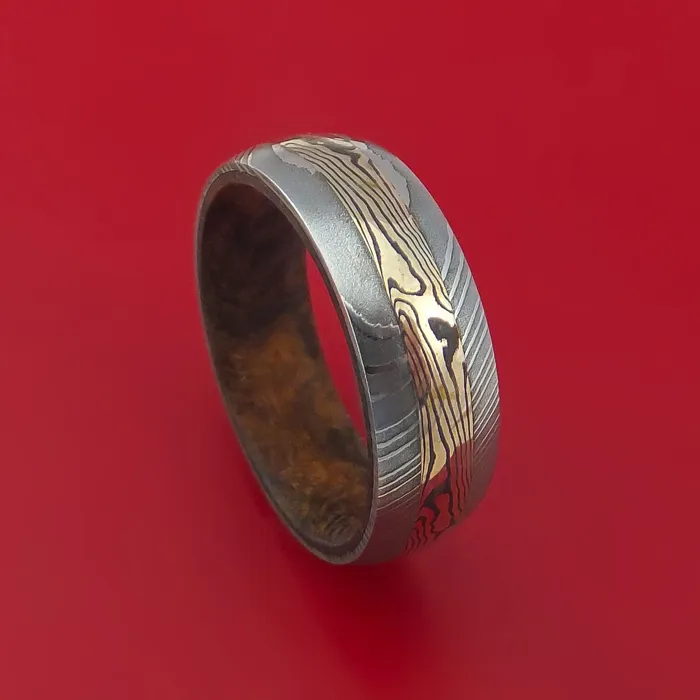 Lashbrook Rings Damascus Steel Ring with 14k Yellow Gold Mokume Shakudo Inlay and Interior Hardwood Sleeve Custom Made Band Lashbrook Rings Damascus Steel Ring with 14k Yellow Gold Mokume Shakudo Inlay and Interior Hardwood Sleeve Custom Made Band